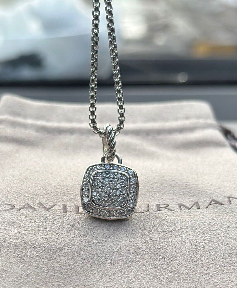 David Yurman Sterling Silver 14mm Pave Diamond Albion Pendant & Necklace 18 inch