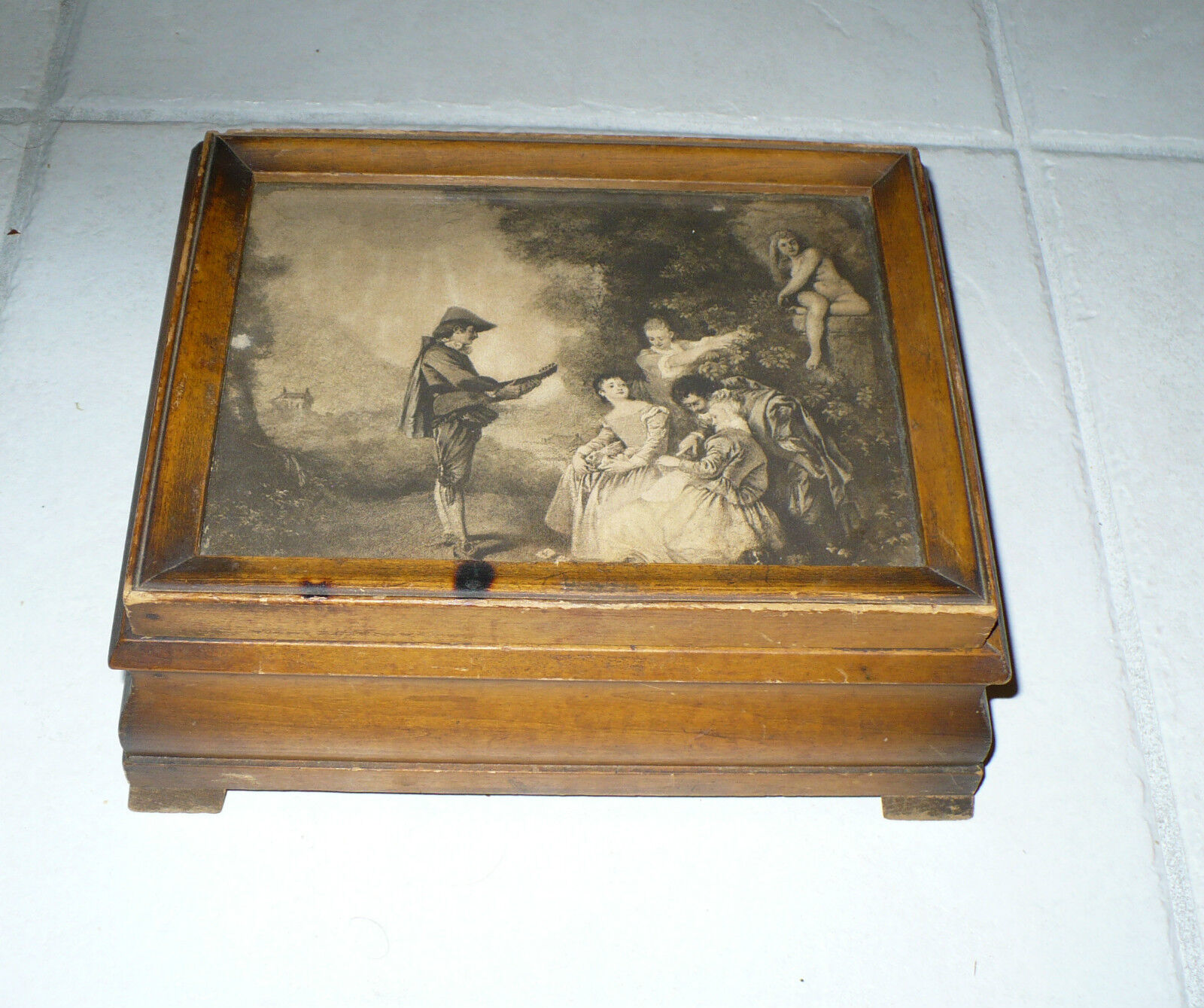 ANTIQUE WOOD BOX ETCHING ? ROCOCO STYLE JEAN ANTOINE WATTEAU LESSONS OF LOVE 