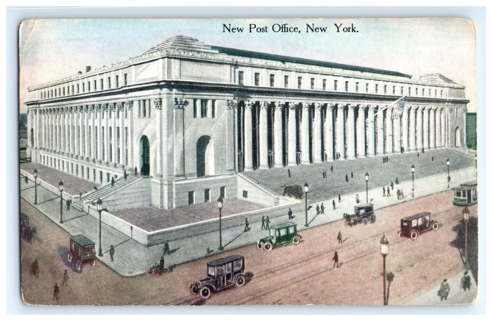Vintage Postcard New Post Office New York Trolley Old Cars People Bicycle