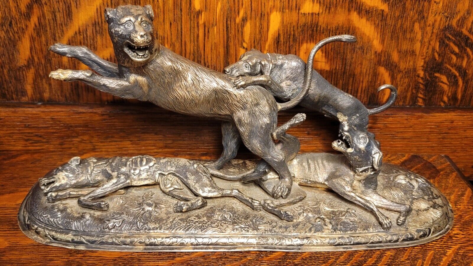 Antique Silverplate Figural, Dogs Taking Down Mountain Lion. Fight To The Death.