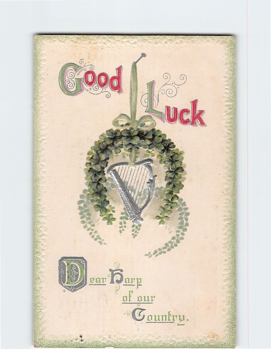 Postcard Good Luck Harp Embossed Card