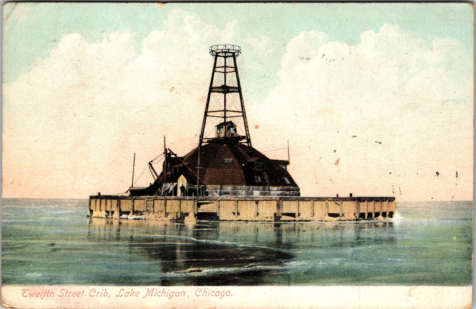Chicago IL-Illinois, Lake Michigan, Structure in Water, Vintage Postcard