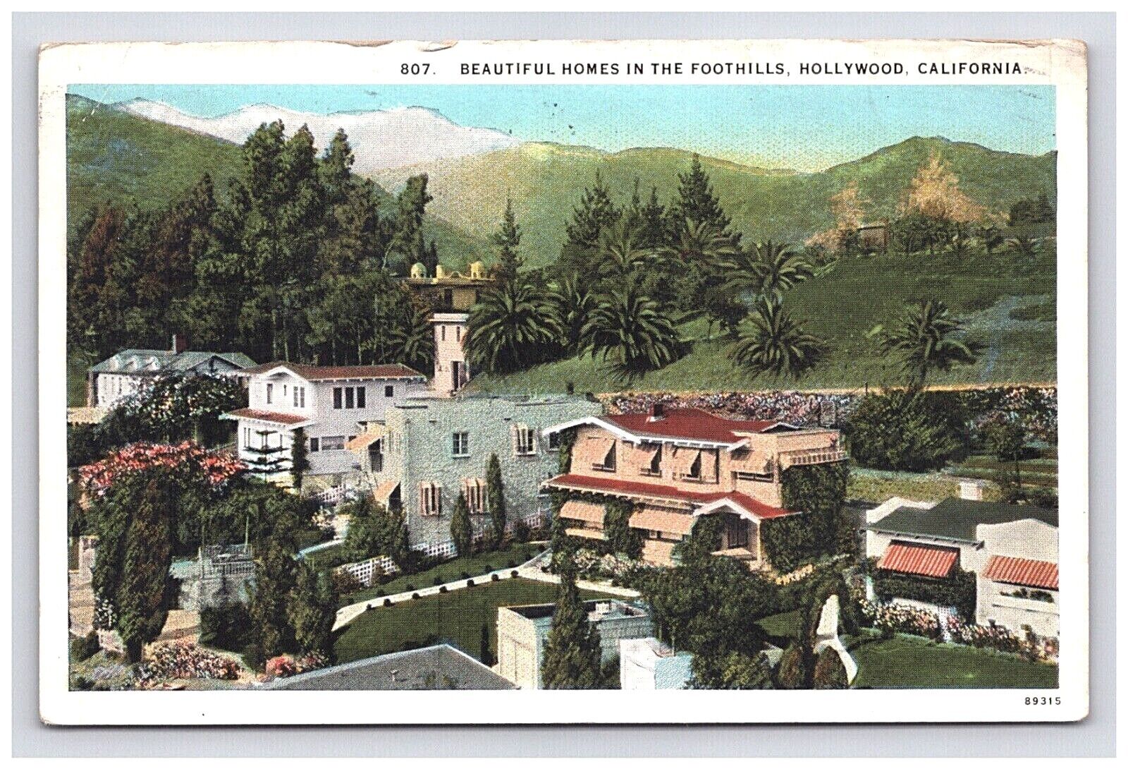 Postcard 1928 CA Homes Houses Foothills Scenic View Hollywood California     