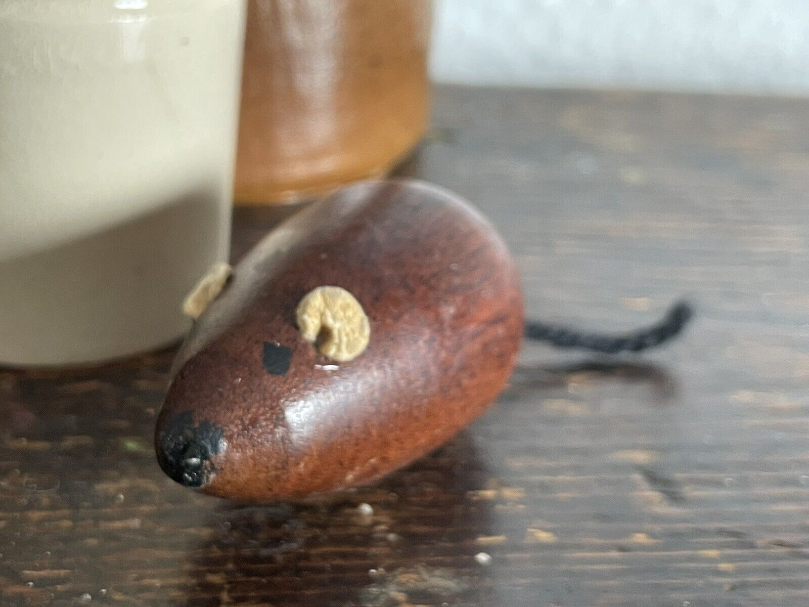 Small Vintage Wooden Mouse With Tiny Leather Ears