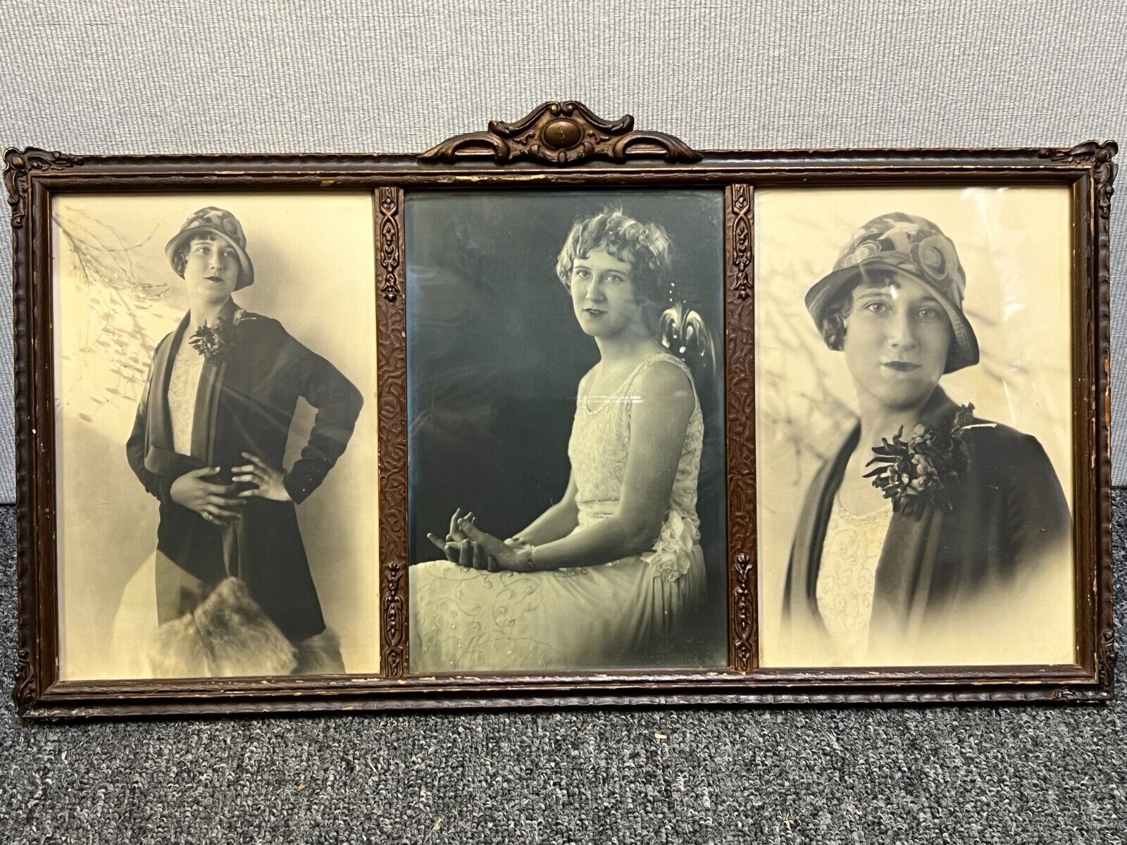 Antique Rare Triptych Wooden Photo Frame with Lady Portraits, 19 1/2\