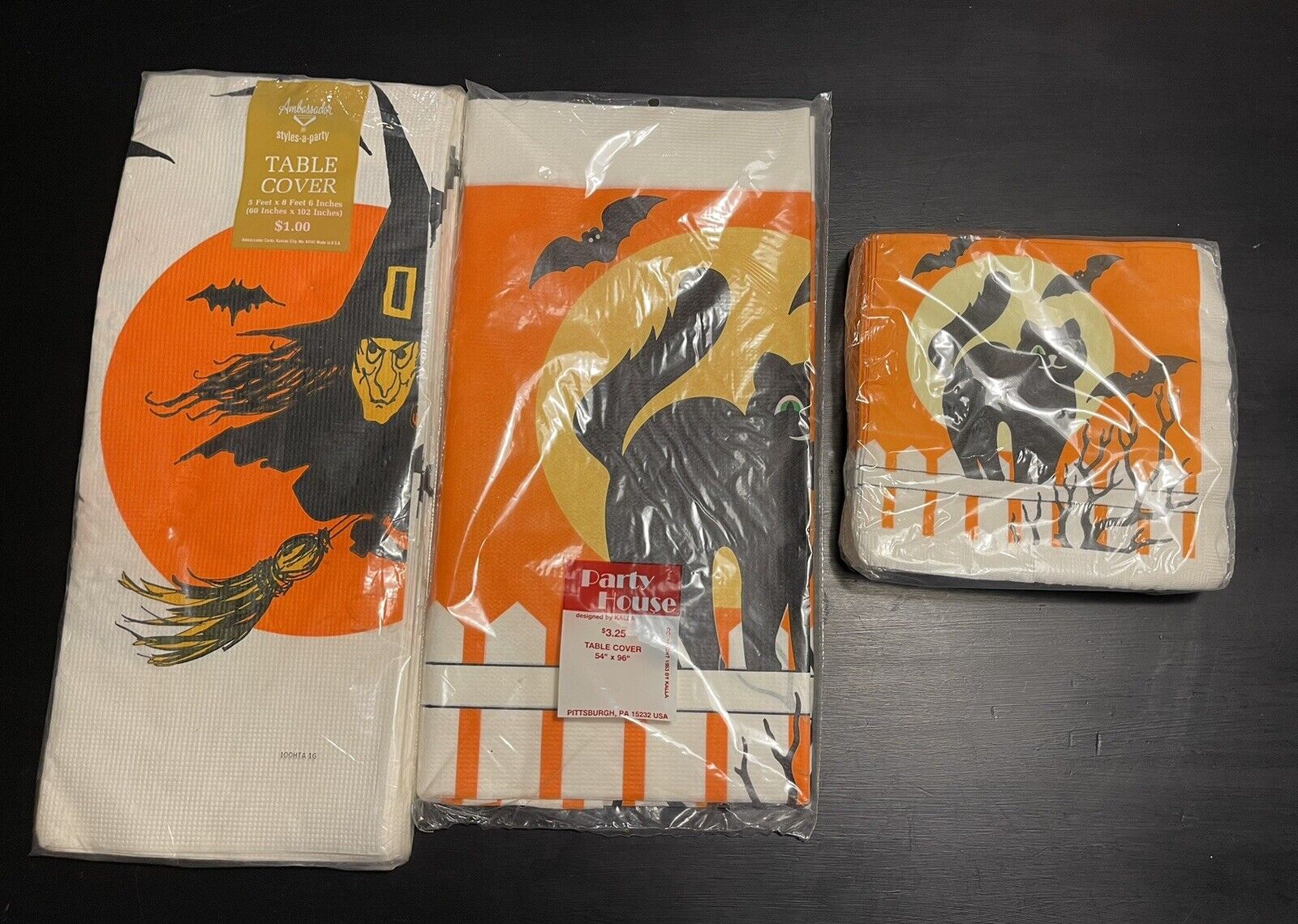 Vintage Lot 1980s E.X Kalla Halloween Paper Napkins Tablecloths Black Cat Bats