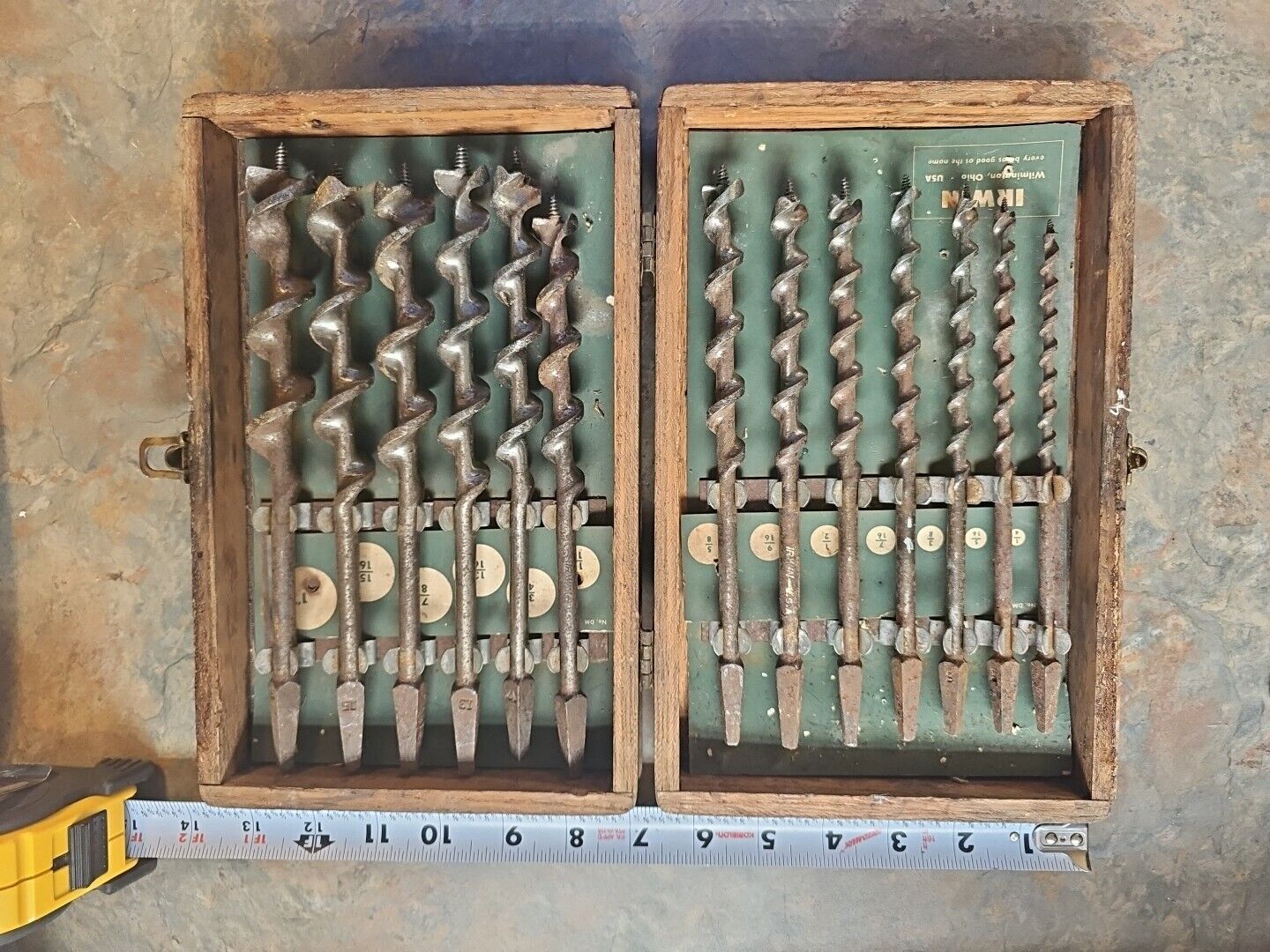 Vintage Irwin 13pc Complete Set, Oak Boxed Auger Hand Drill Brace Bits
