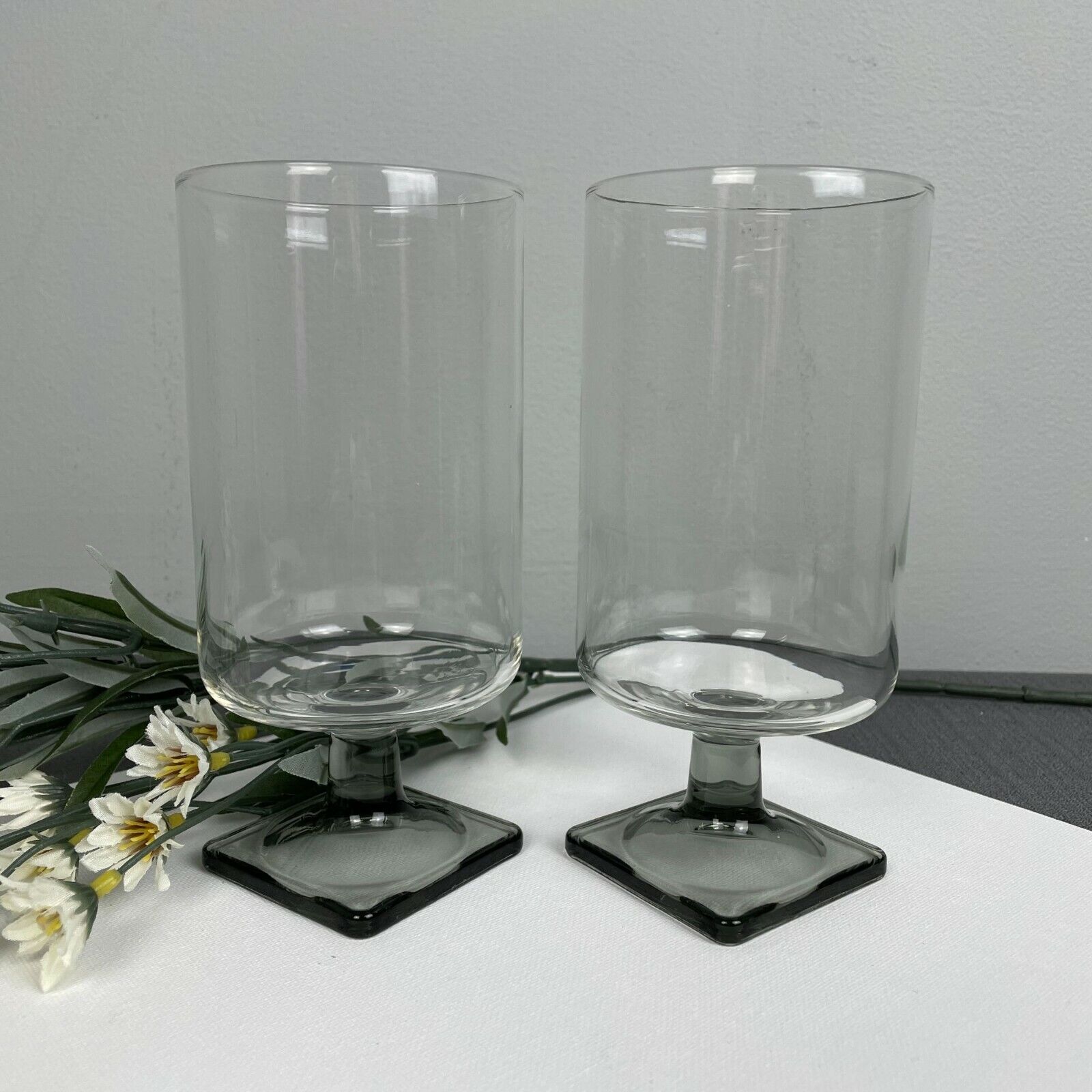 Set of 2 Vintage MCM Smoke Square Base Drinking Glasses 12 oz