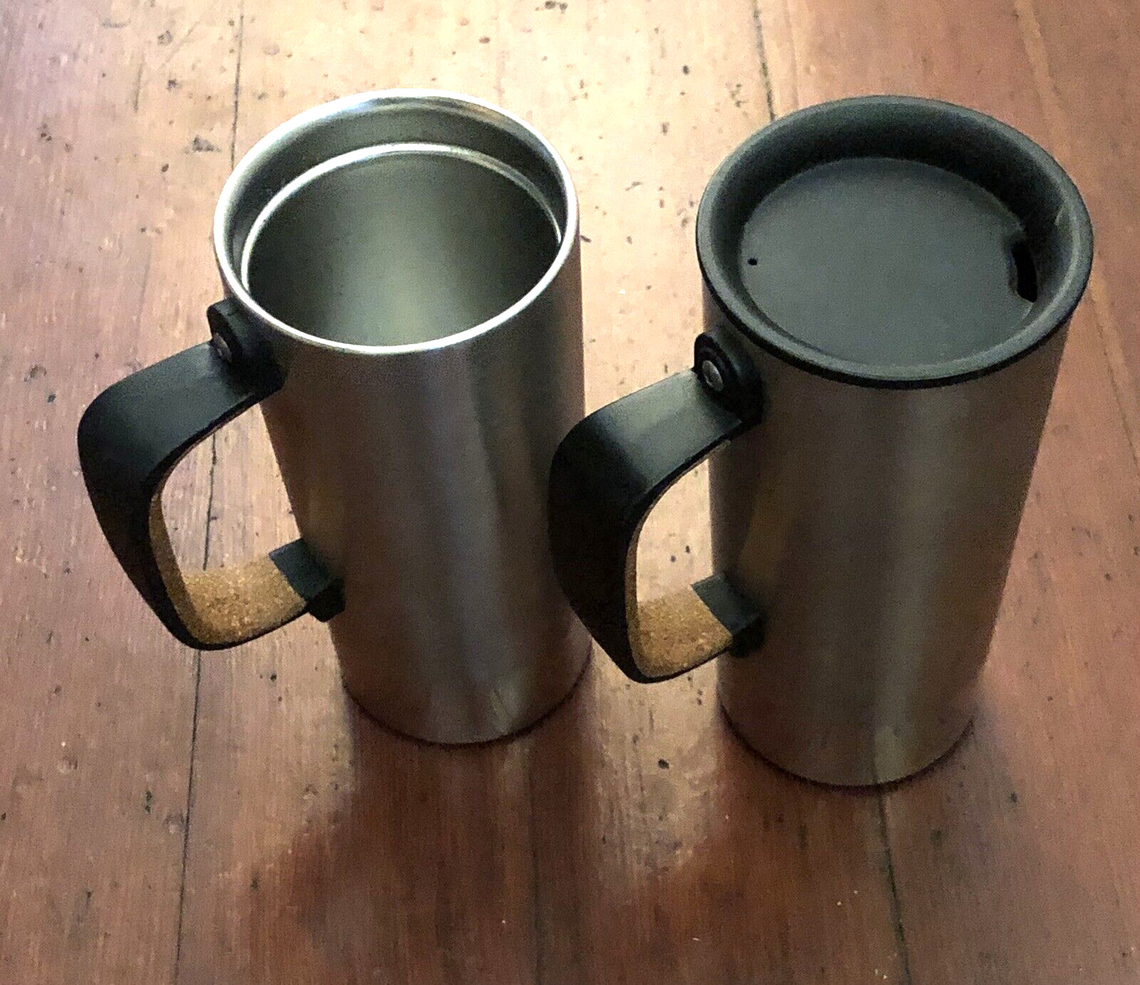 2012 Starbucks Stainless Steel Mug Cork Lined Handle Bottom 12 oz ~ One w/ Lid