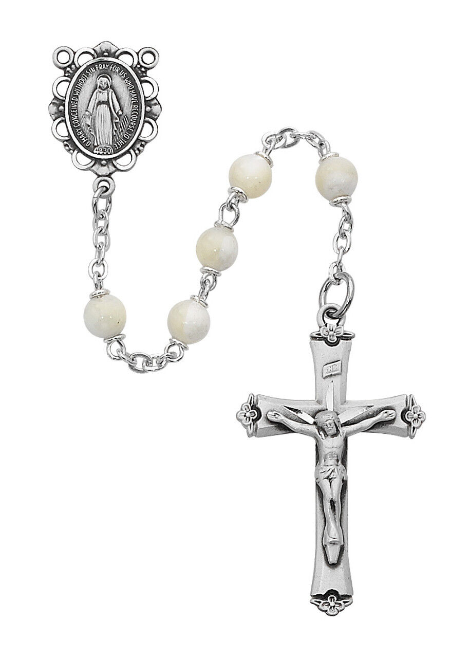 Genuine Mother Of Pearl Rhodium Catholic Center And Deluxe Crucifix 5MM Bead