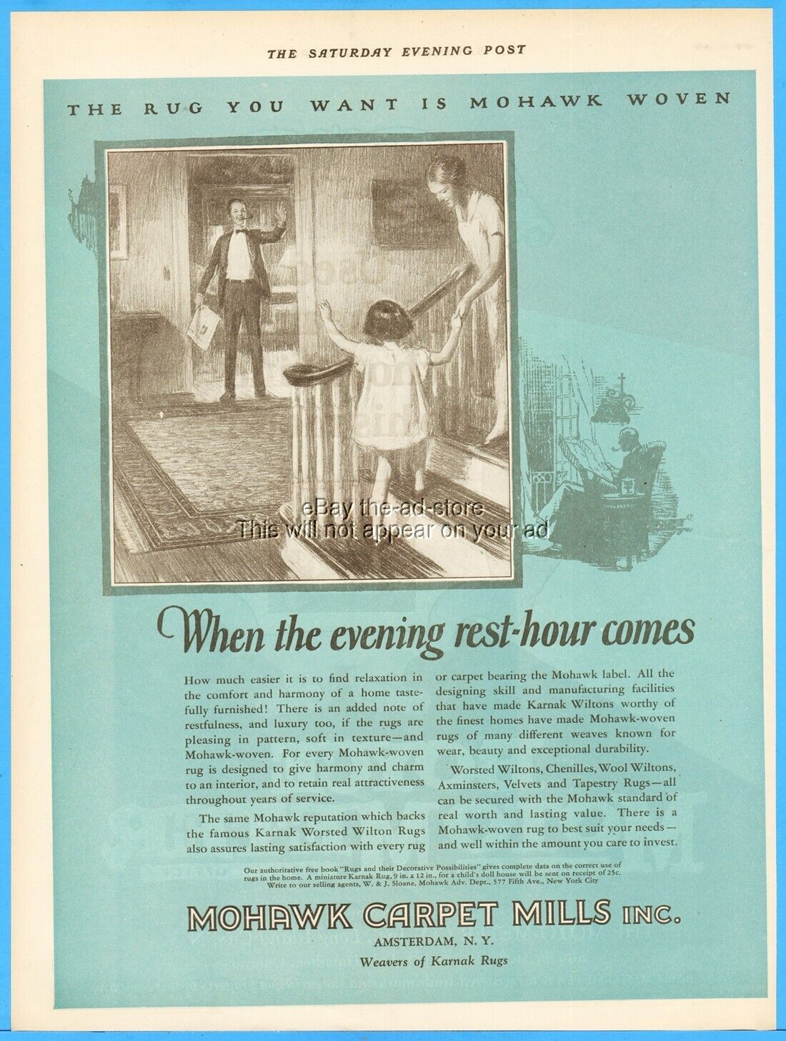 1925 Mohawk Carpet Mills Karnak Area Rug 1920's Home Decor Amsterdam New York Ad