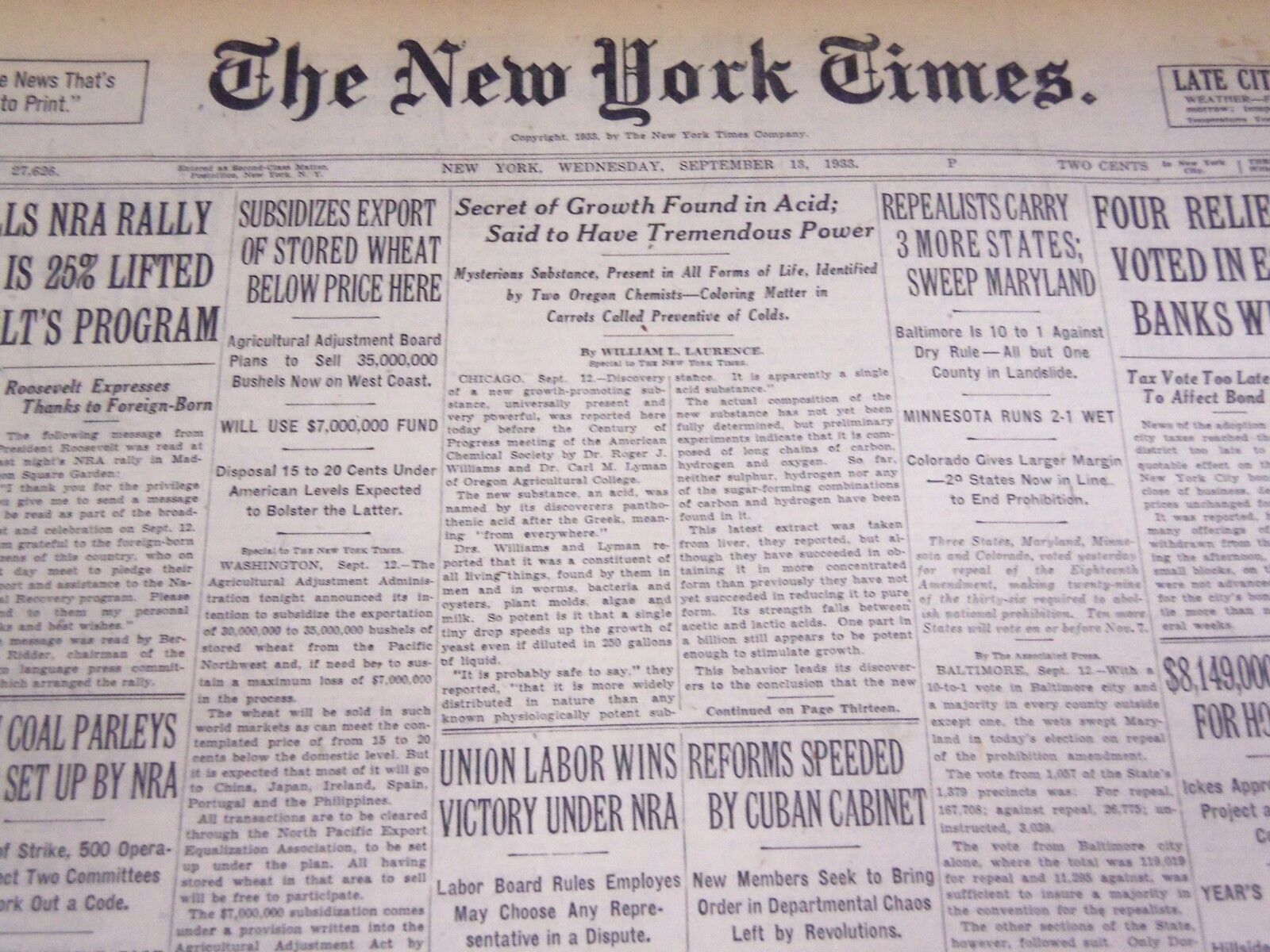 1933 SEPTEMBER 13 NEW YORK TIMES - GROWTH FOUND IN ACID - NT 4172