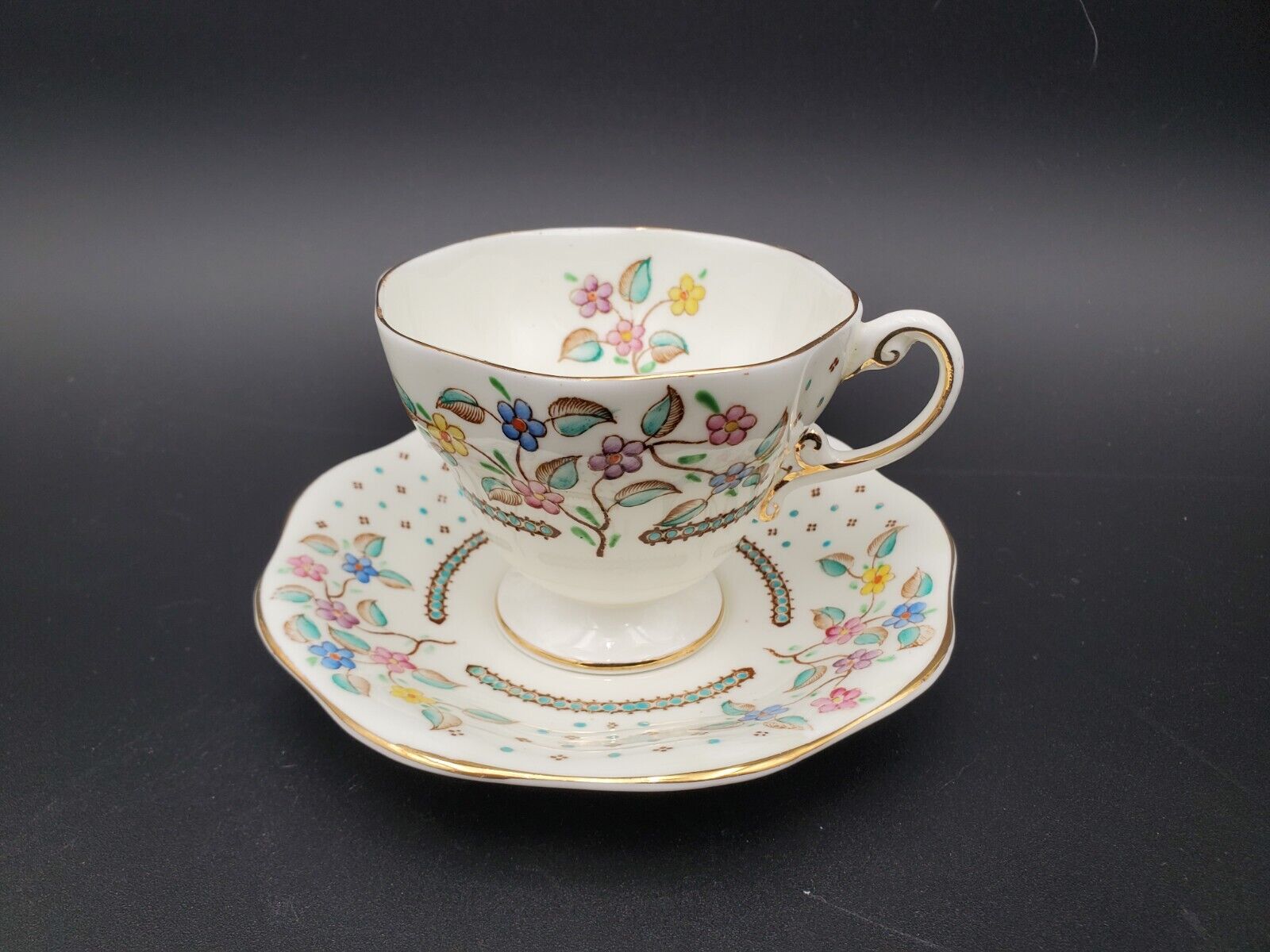 EB & Co Foley English Bone China Teacup And Saucer, Floral, Teal, Gold, PUC