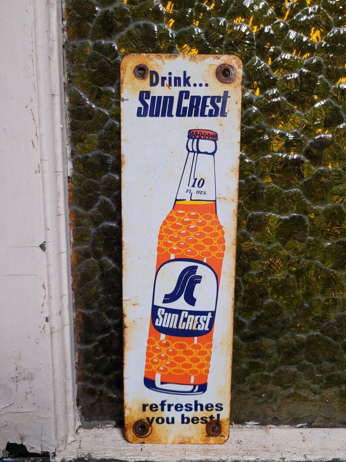 VINTAGE SUNCREST PORCELAIN SIGN DOOR PUSH SODA POP BEVERAGE ORANGE COLA DRINK