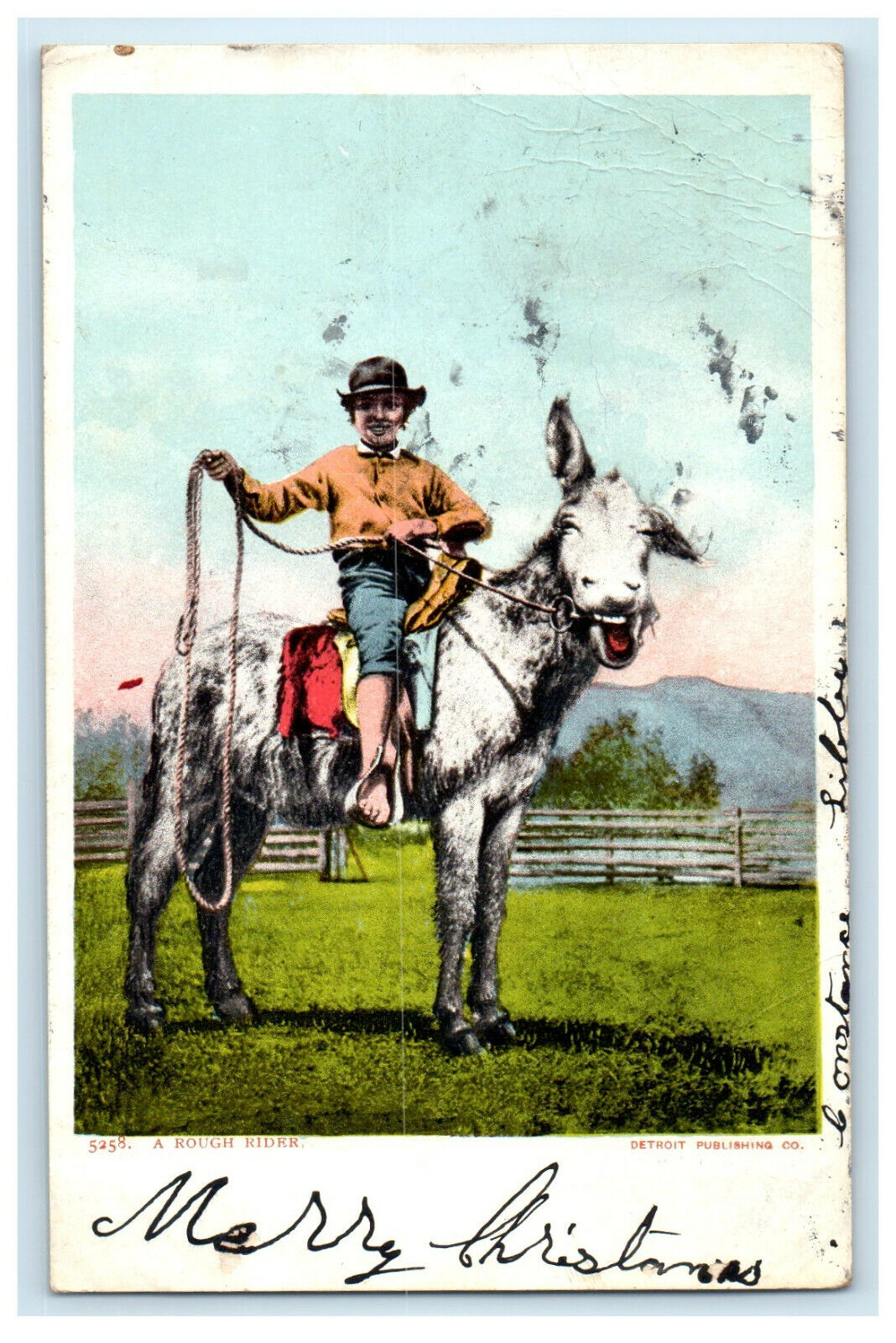 c1905 A Rough Rider, Kid Riding Buck and Holding a Bridle Posted Postcard