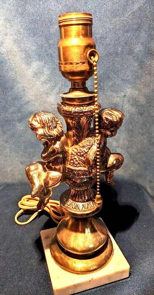Vintage Victorian Revival Brass Cherub Table Lamp with Marble Base | Excellent