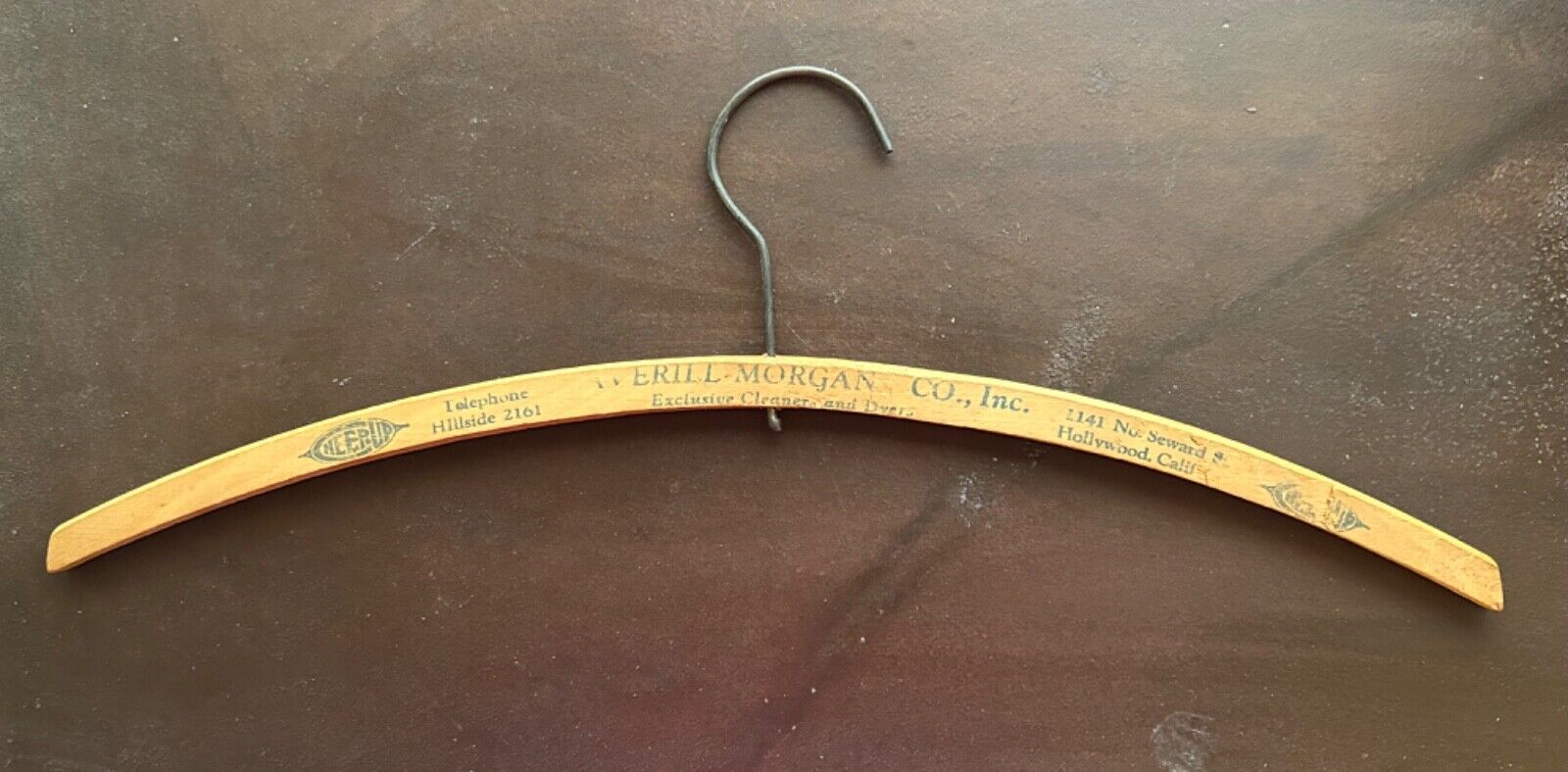Vtg Wooden Advertising Hanger HOLLYWOOD, CA Erill Morgan Exclusive Cleaners