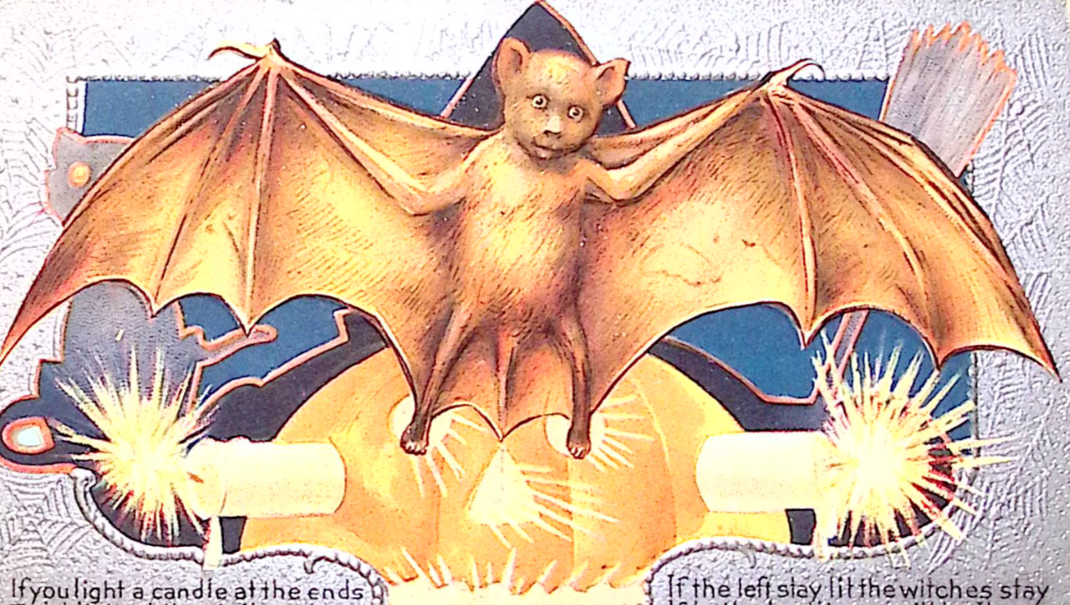 Bat Flies Out of Jack O Lantern Burning Candle 1909 Embossed Halloween Postcard