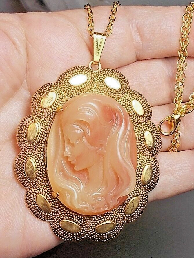 SALE Large Imitation Coral Cameo Necklace 2 1/4\