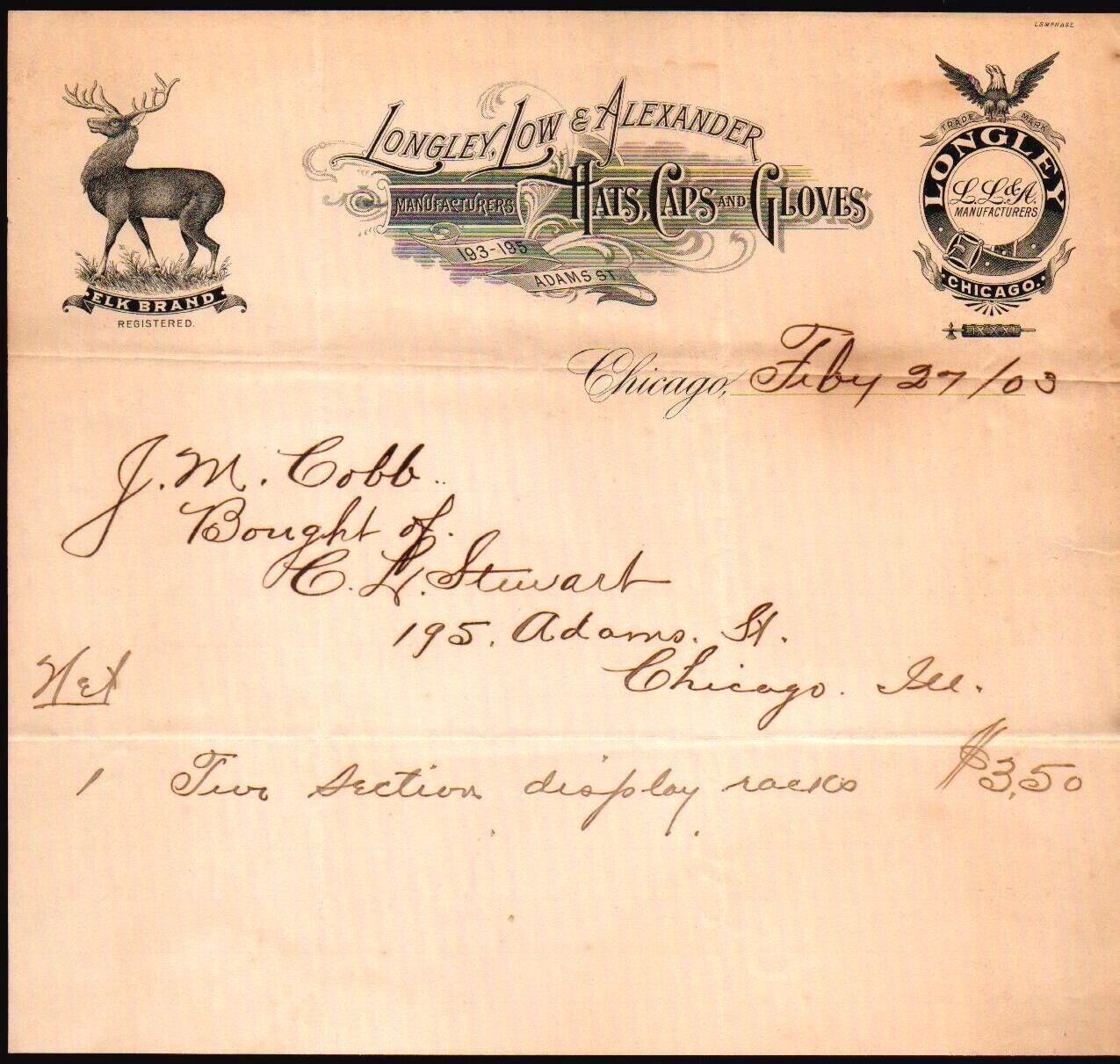 1903 Chicago - Longley Low & Alexander - Hats Caps Gloves - Letter Head Bill
