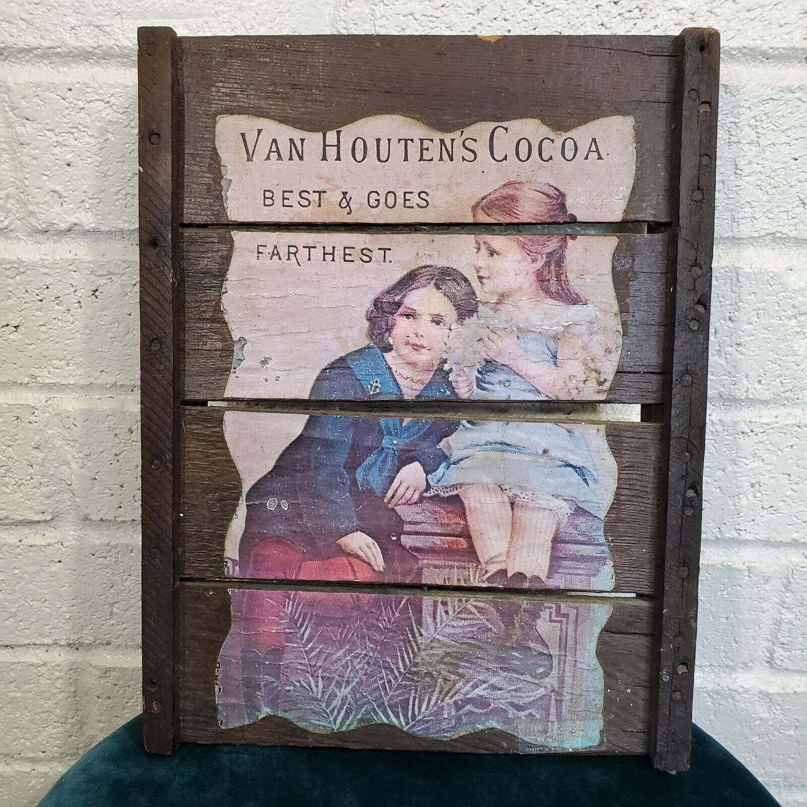 Van Houten\'s Cocoa Wooden Plank Sign Decoration Original Raisinrak Vintage 1974