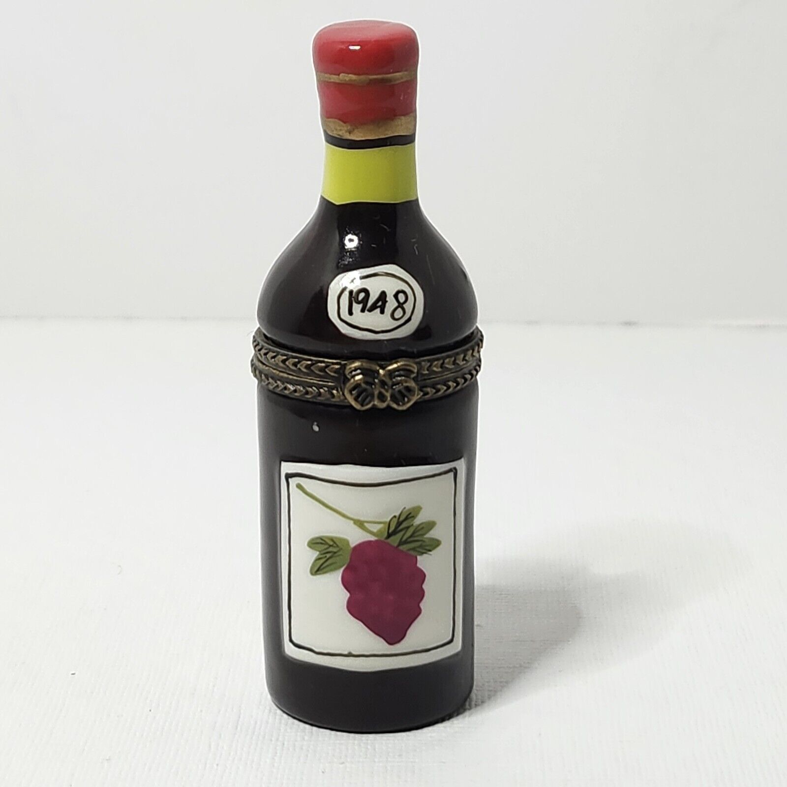 Vintage Lets Celebrate Bottle of Fine Wine Vino Hinged Porcelain Trinket Box 