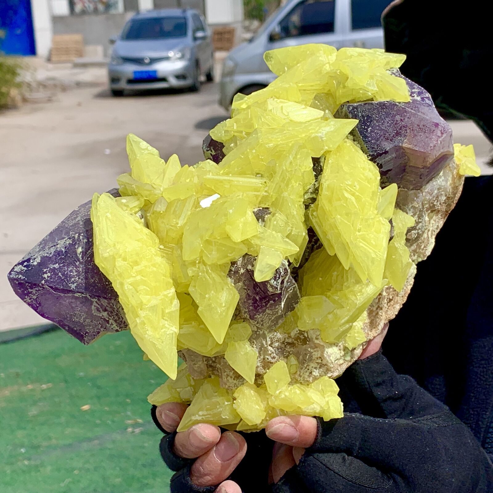 6.47LB Minerals ** LARGE NATIVE SULPHUR OnMATRIX Sicily With+amethyst Crystal