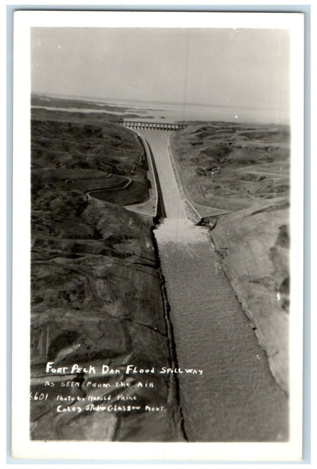 c1950s Fort Peck Dan Flood Spillway Seen From Air Glasgow MT RPPC Photo Postcard