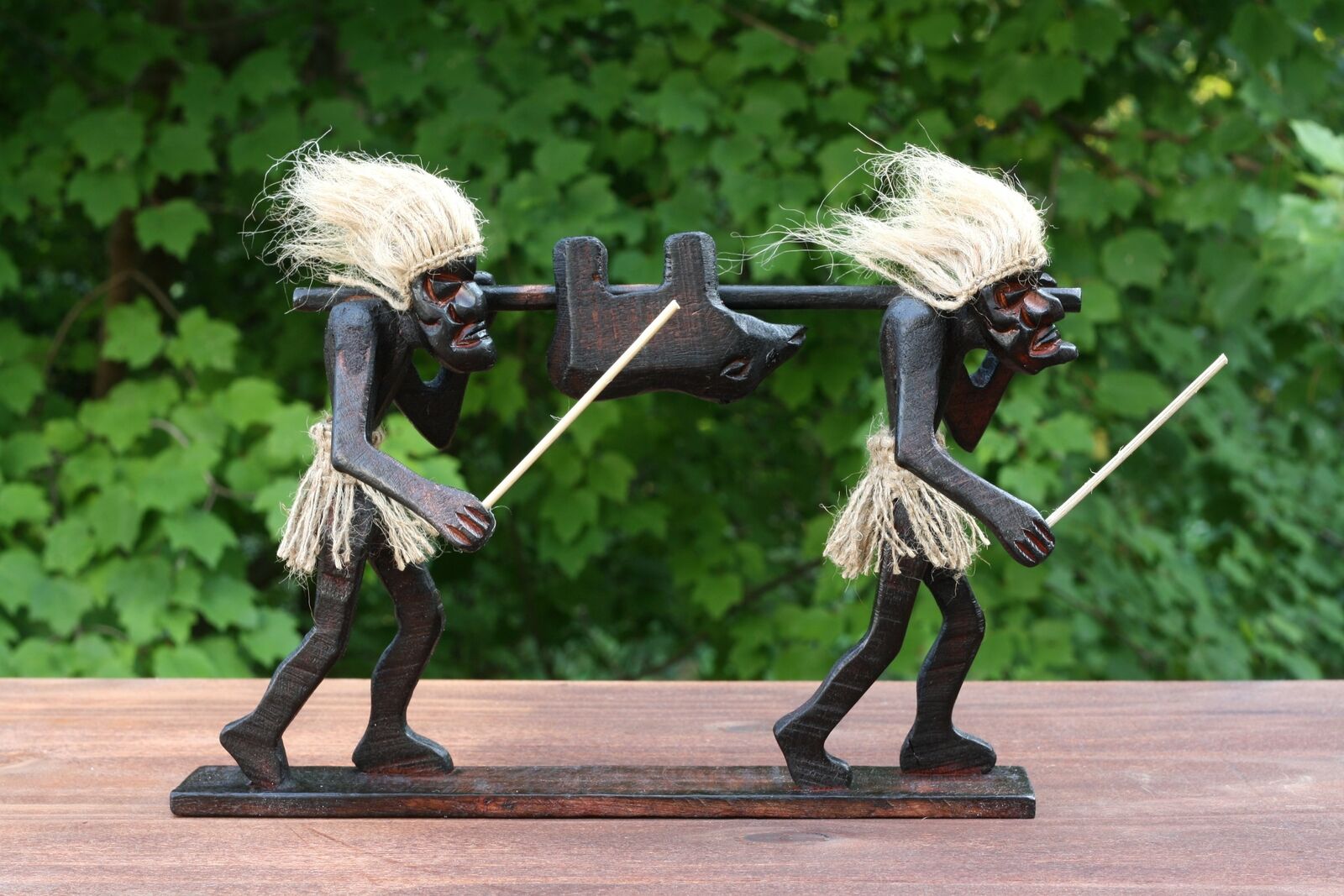 Wooden Hand Carved Primitive Hunters Tribal Tiki Statue Bar Figurine Gift Wood