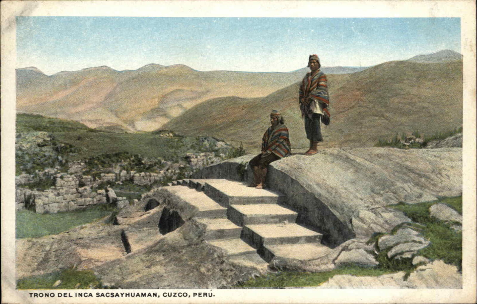 Cuzco Peru Trono del Inca Sacsayhuaman Indigenous Men Vintage Postcard