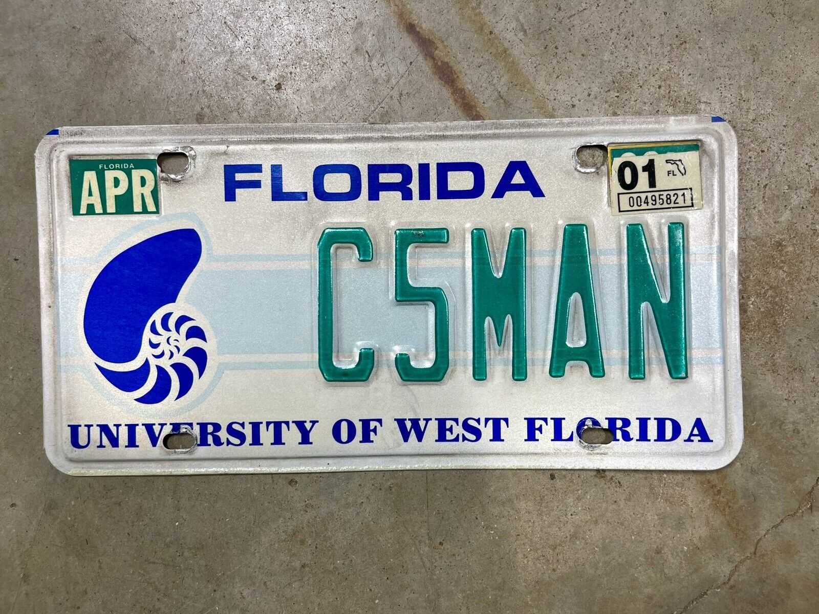 2001 University of West Florida License Plate # C5MAN Pensacola Argonauts Vanity