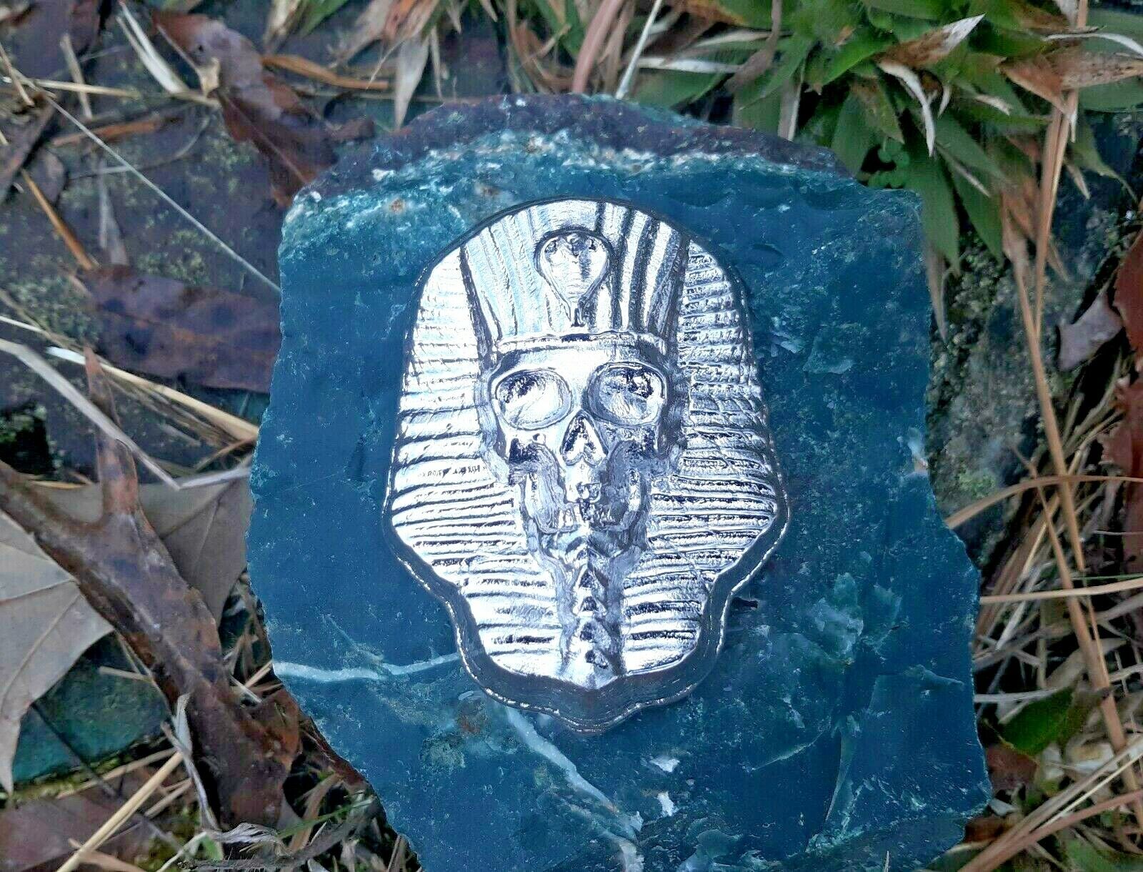10 oz. Hand Poured 999 Bismuth Art Bullion Bar Egyptian King Tut Skull Pharaoh 