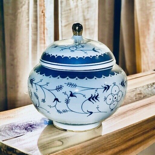 Limoges Antique Lidded Porcelain Jar 7” Tall 7 Wide Blue & White Excellent Cond