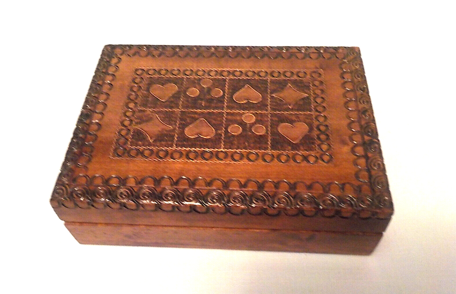 Vintage Handmade Carved 2002 Wood Box Holds 2 Decks Playing Cards Made in Poland