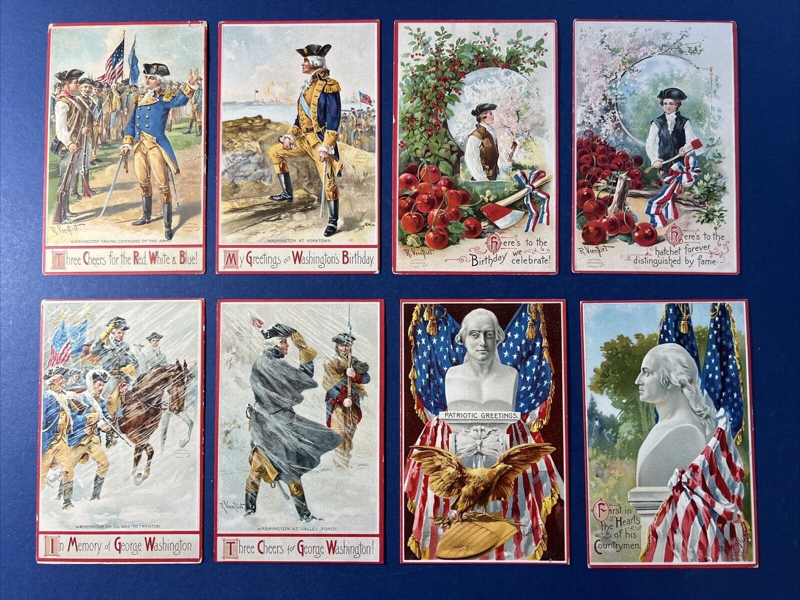 Colorful Set 8 Patriotic Antique Postcards Washington. EMB. Artist Veenfliet. 