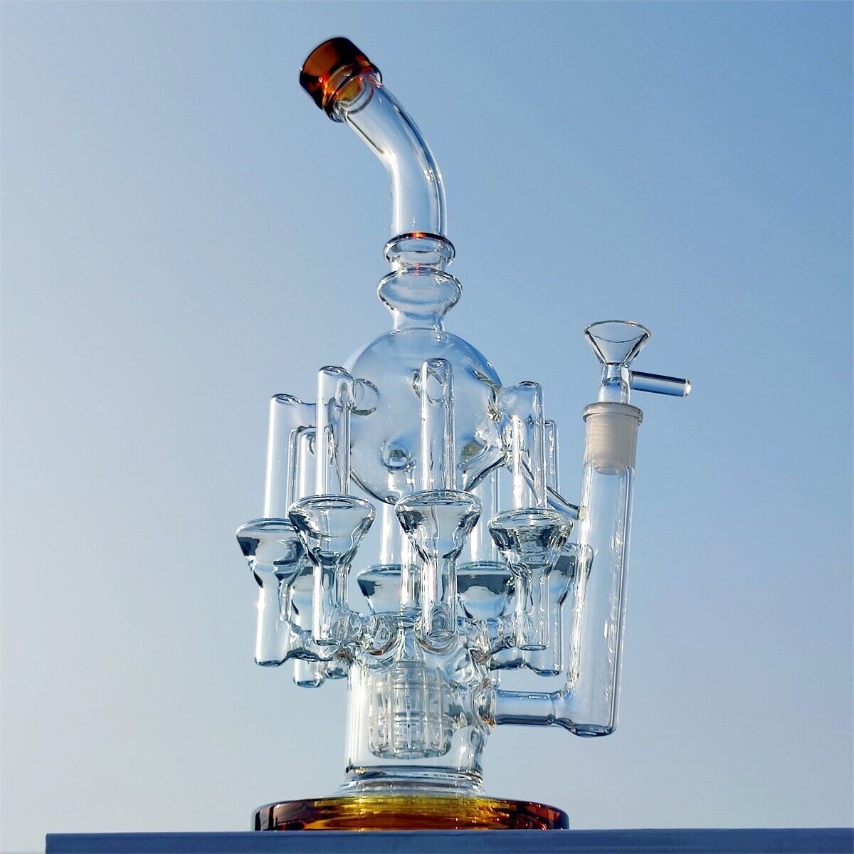14 Inch Recycler 8 Arms Champagne Luxury Glass Water Pipe Hookah Bong 14MM