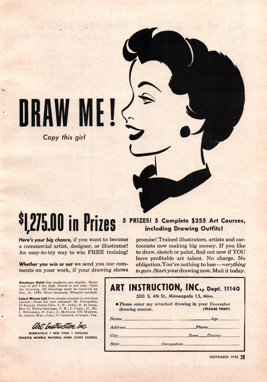 Draw Me Contest from Art Instruction Inc 1950 Vintage B&W Print Ad Wall Decor