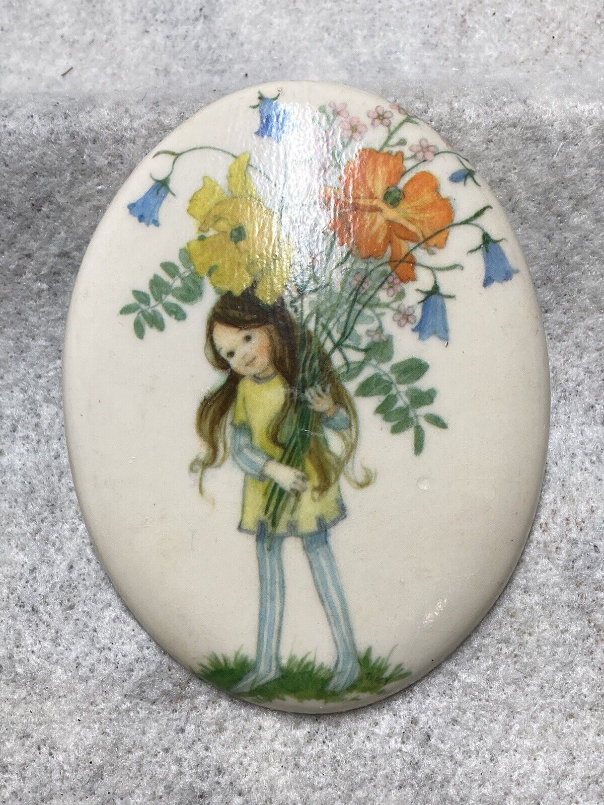 Vintage 1970s Chalkware Girl child wild flowers Plaques Handmade