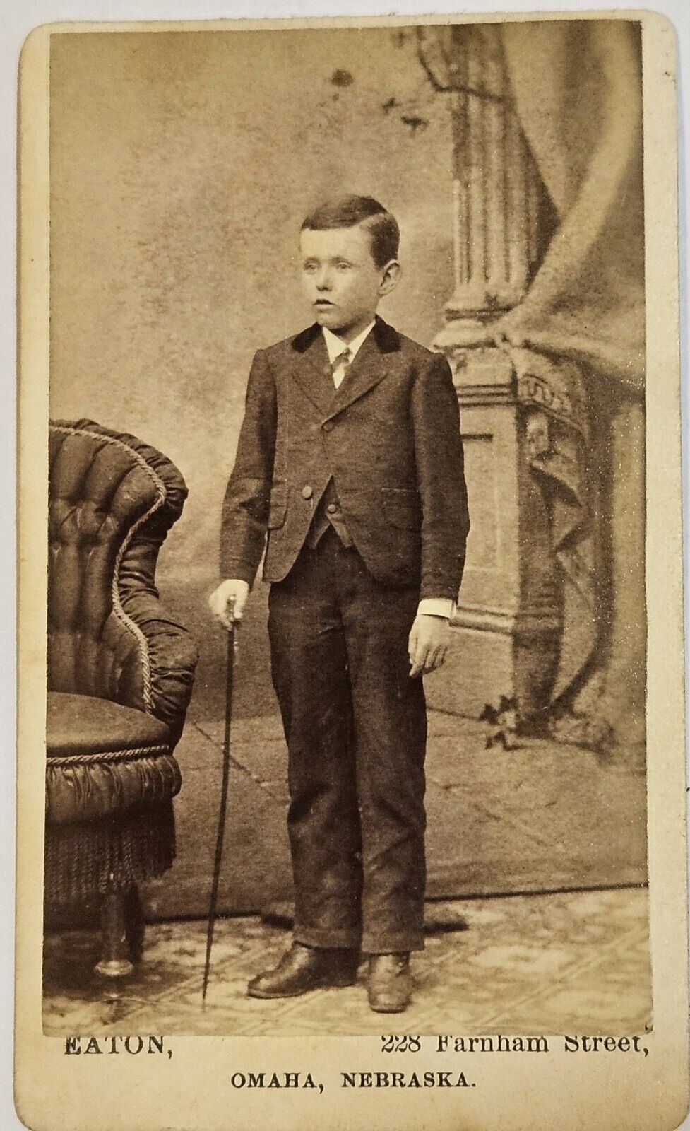 CDV Photo of Young Boy With A Cane In A Nice Suit. 1880s Omaha, Nebraska 