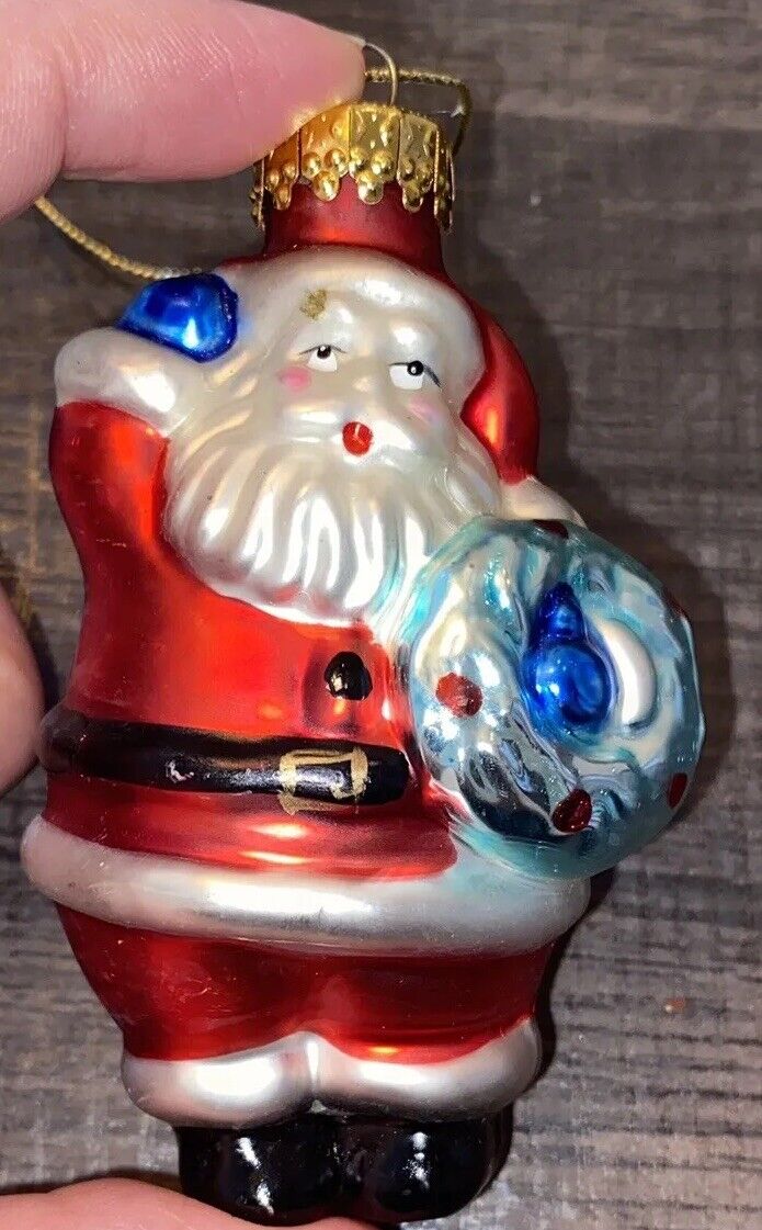 Vintage Santa Holding A Wreath Blown Glass Christmas Tree Ornament Hand Painted