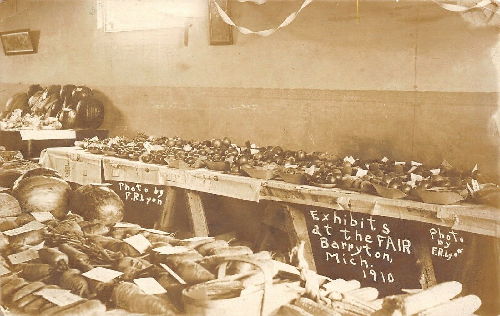 Barryton Michigan~Exhibits at the Fair~Pumpkins~Melons~Apples~Corn~1910 RPPC