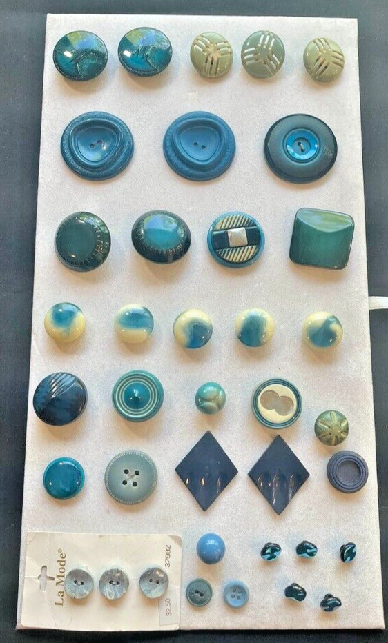 Vintage Deco Teal-Blue Button Lot of 38 - Gorgeous Iridescent, Glass, Plastic