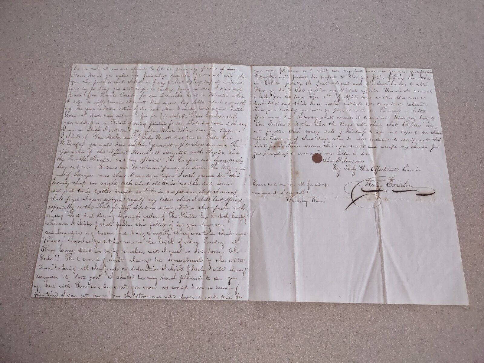 ORIGINAL LETTER WRITTEN AND SIGNED BY CHARLES WESLEY EMERSON- COLLEGE BOSTON MA