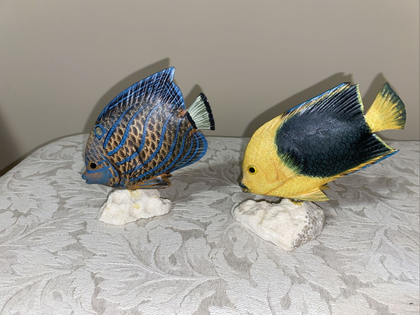 Two Vintage Hand Carved & Hand Painted Wooden Tropical Fish With Coral Like Base