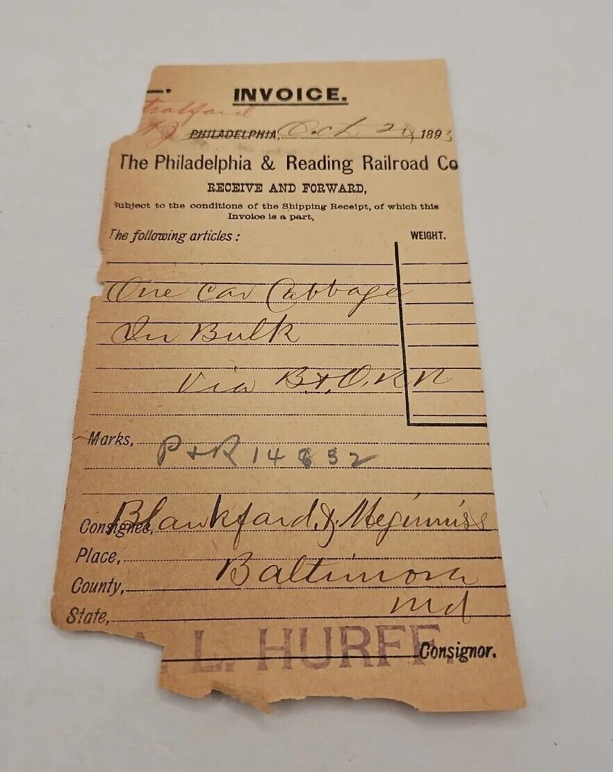 1893 Philadelphia & Reading Railroad Vtg 1893 Invoice Car Of Cabbage Baltimore