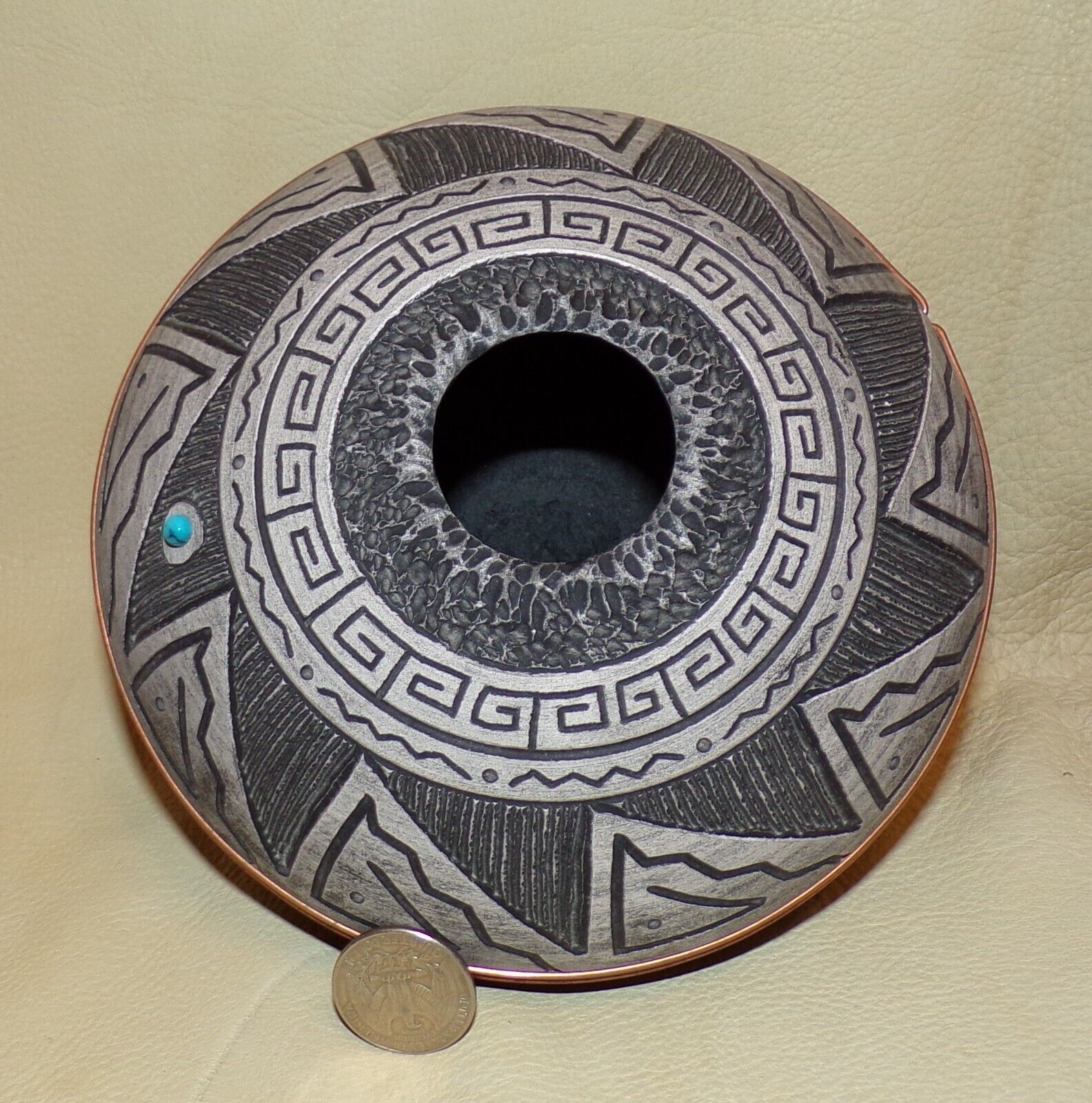 Navajo Dine seed pot pottery turquoise copper Chaco series 2013 by Gerald Pinto