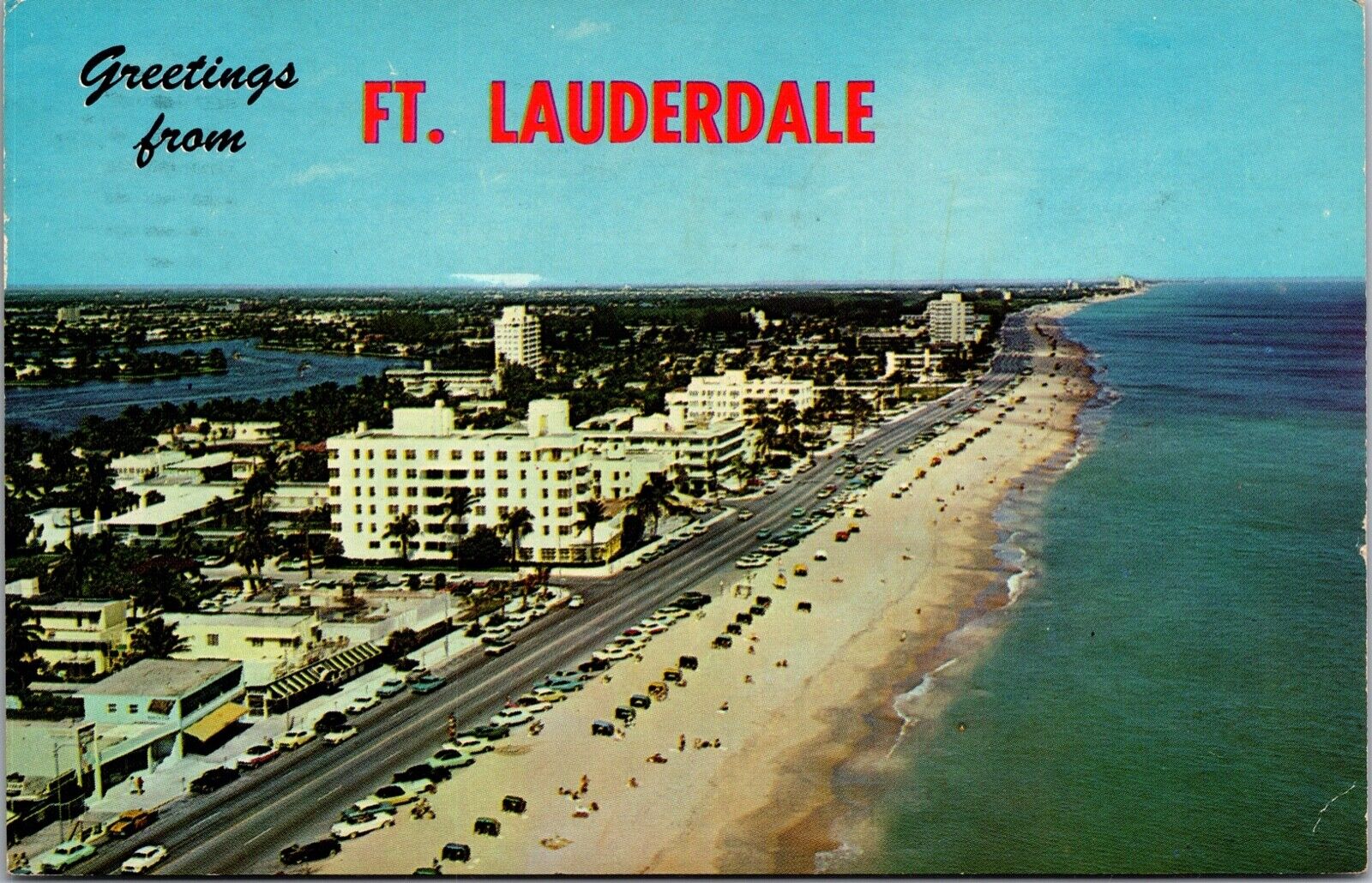 c.1963 Greetings Ft. Lauderdale Fla. Birds Eye View Beach Hotels Postcard 5V