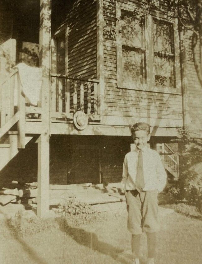 Little Boy With Tie Hands In Pockets Standing By House B&W Photograph 2.5 x 3.5