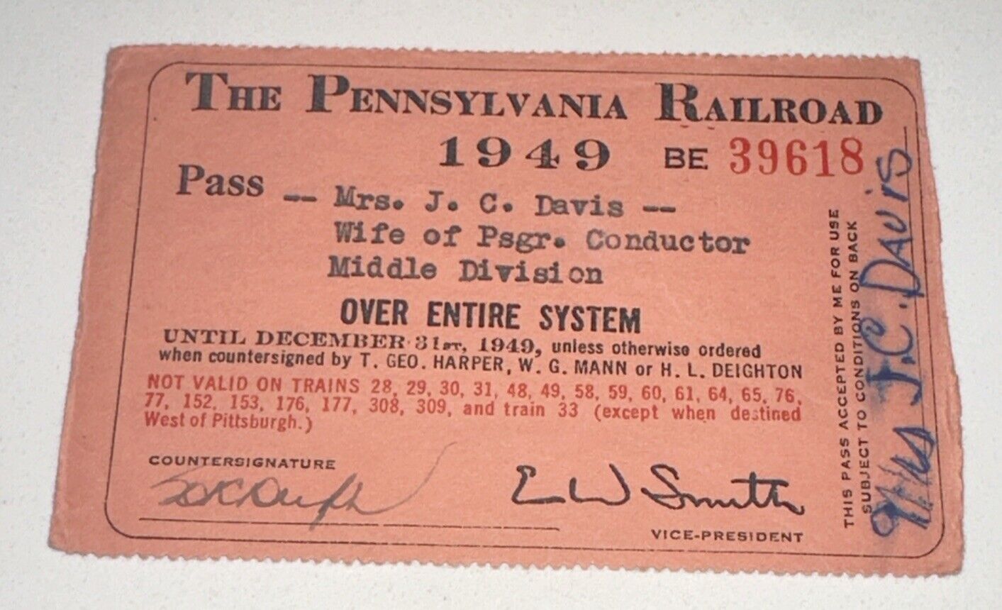 1949 Pennsylvania Railroad Pass Annual Season Ticket Stub Entire System SIGNED