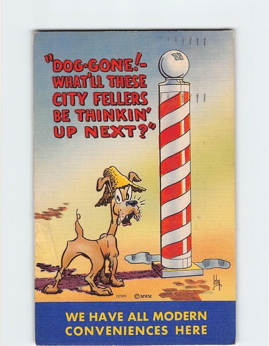 Postcard We Have All Modern Conveniences Here with Dog Pole Comic Art Print